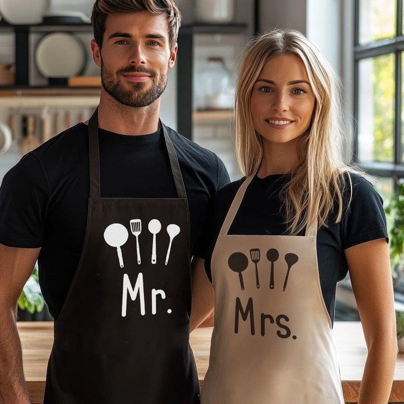 Mr & Mrs Kitchen Chefs - Matching Printed Aprons Couples