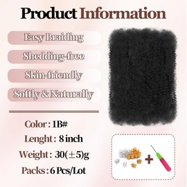 XIIMENALU Afro Kinky Curly Braiding Bulk Hair for Mini Twists Afro Kinkys Bulk Synthetic Hair Cuban Twist Hair Soft Locs Micro Spring Twist for Dreadlocks Loc Repair (1B#, 8 Inch (Pack of 6))