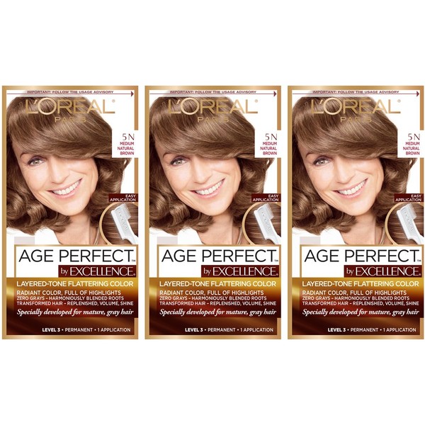L'Oreal Paris Hair Color Age Perfect By Excellence Layered Tone Flattering Color, 5N Medium Natural Brown, 3 Count