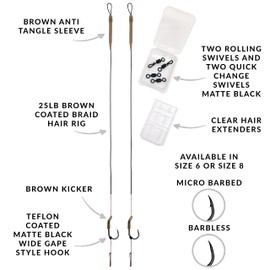 Carp On - 2 x WIDE GAPE READY RIGS Size 6 - Carbon Hooks / 25lb Camo Braid/Kickers Sleeves Tubes Swivels Extenders (Barbless, 2 Rigs - Size 6 Hook) [37-3901-6]