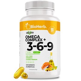 BioHerb® | Omega Complex+ 3, 6 y 9 con Alta Concentracion de EPA y DHA Naturales con 90 SoftGels de 1000 mg (Suministro 90 Días) – Mezcla de Aceites E
