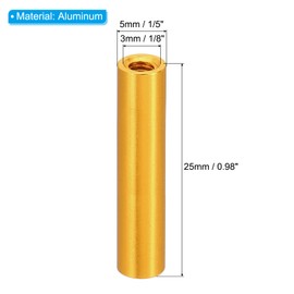 PATIKIL 12pcs M3 Metal Threaded Standoff Spacer Nuts, Round Aluminum Spacers Female Coupling Screws, 1/8" ID x 3/16" OD x 1" L Gold