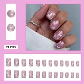 24 PCS Press on Nails Aurora Purple Fake Nails Cloud Fake Nails Star Fake Nails Short Fake Nails Gifts for Women and Girls (No.119)