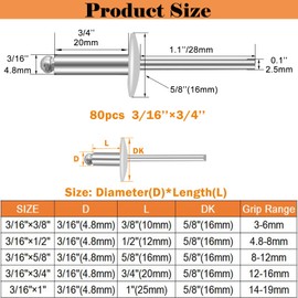 Sunxeke 80pcs Aluminum Large Flange Blind Rivets,3/16" x 3/4", Flange Diameter 5/8" (16 mm), Pop Rivets Assortment Kit Blind Rivet by Bolt Dropper, Grip Range(13-16mm)