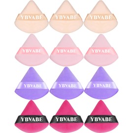 YBVABE 12pieces Powder Puff, Triangle Makeup Puff, Soft and Supple Puffs, Reusable Face Sponge with Strap for Loose Mineral Powder Body Cosmetic Foundation Sponge Makeup Tool (3Pink & 3Purple & 3Rose Red & 3Beige)