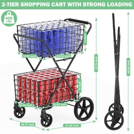 [2025𝐍𝐄𝐖] 2-Tier Extra Large Collapsible Grocery Cart On Wheels, 400lbs Shopping Cart For Groceries With 2 Removable Baskets, Waterproof Liner, Heavy Duty Foldable Shopping Utility Cart For Seniors