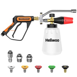 Heliwoo Short Pressure Washer Gun with Foam Cannon 5000 PSI, 1/4 Inch Quick Connector, with 5 Pressure Washer Nozzle Tips, 1 Liter with Dual Connector Accessory