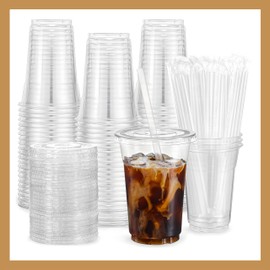 Pokanic Plastic Clear Cups 16 oz with Lids and Straws 25 Set Disposable Cold Beverage Drinking Iced Coffee Water Juice Tea Party Travel Cafe Restaurant School Office Home Kitchen (25 Set, 16 oz)