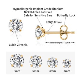 hengkaixuan 1 Pair Titanium Implant Quality Stud Earrings Hypoallergenic Cubic Zirconia 3mm 4mm 5mm 6mm Stud Earrings for Women Girls for Men for Sensitive Ears Gold Silver Rose Gold, Metal