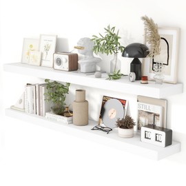Heimlove 55 Inch Floating Shelves for Wall 8 Inch Deep White Shelves Set of 2,Wall Mounted Rustic Wood Long Floating Shelf，Large Extra Display & Storage Shelf with Invisible Brackets