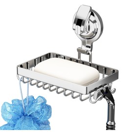 Soap Dish for Shower, Suction Cup Soap Holder with 4 Hooks, 304 Stainless Steel, Silver