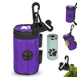 Dog Waste Bag Dispenser Pet Poop Bags Holder for Doggie Waste Bags Dispensers Soft Fabric Zipper Small Doggy Puppy Pouch for Leash Accessory Attachment with Carrier,Paw Print, No-XYBpurple