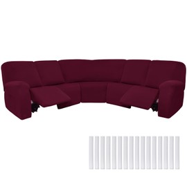 Peryiter 7 Pcs L Shape Sectional Recliner Sofa Covers 5 Seat Sectional Couch Covers Milk Silk Velvet Stretch Reclining Sofa Cover Sofa Slipcover Furniture Protector for Room (Wine Red,Milk Silk)