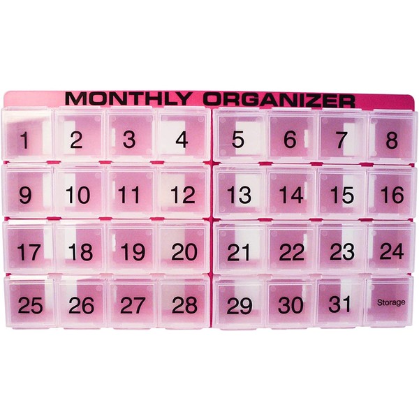 31 compartments, 1 per Day, 4 Week Monthly Pill Organizer by Promed. Includes Tray and 8 Removable compartments. (Fuchsia)