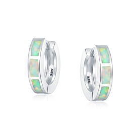 White Created Opal Inlay Iridescent Huggie Hoop Earrings For Women .925 Sterling Silver October Birthstone