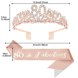 KIUEZIR 80th Birthday Crown & Sash Set in Rose Gold - Durable Alloy & Rhinestone Flowers Tiara Tiara with Non-Slip Combs, Glitter Sash & Pearl Pin for Decoration 80th Birthday