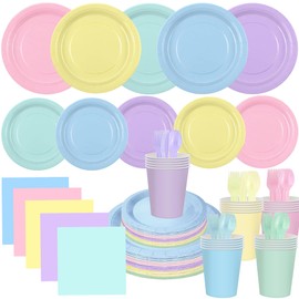 EUVBOKW 200 Pcs Pastel Party Supplies Disposable Dinnerware Set, Includes Paper Plates Cups Napkins Plastic Forks Knives Spoons for Spring Easter Wedding Birthday Party Decorations Serves 25 Guests