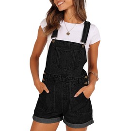Pink Queen Women's Juniors Oversized Sleeveless Rompers Relaxed Fit Cuffed Legs High Rise Jean Overall Wide Strap One Piece Retro Bib Denim Shortalls with Pockets Black 2XL