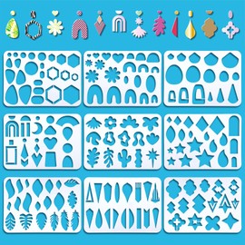 ORIGACH 9 Pcs Large Jewelry Making Template 11.7x8.3 inch, Reusable Leather Earring Stencils with Tear Drop, Leaves, Flower, Cabochon and Star Patterns for Bracelet Necklace Making Jewelry Crafts