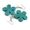 Turquoise Wood Flower Drop Earrings/60mm Long