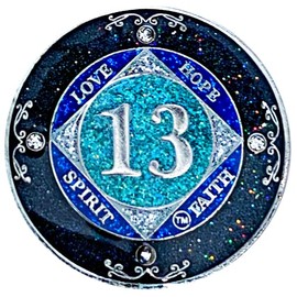 (Years 1-50) NA 13 Year Crystals and Glitter Medallion, Silver Color Plated Coin, Black Rainbow, Blue Glitter and Four Clear Crystals, Epoxy Covered (NA 13 Year Glitter & Crystals Medallion)