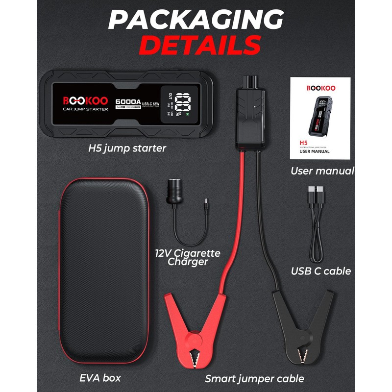 BOOKOO 6000A 12V Jump Starter for Car Boat Lawnmower