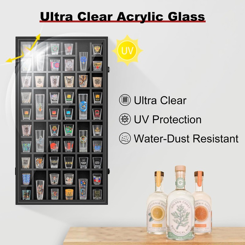 Shot Glass Display Case, 52 Slots Lockable Wall Mounted Shadow