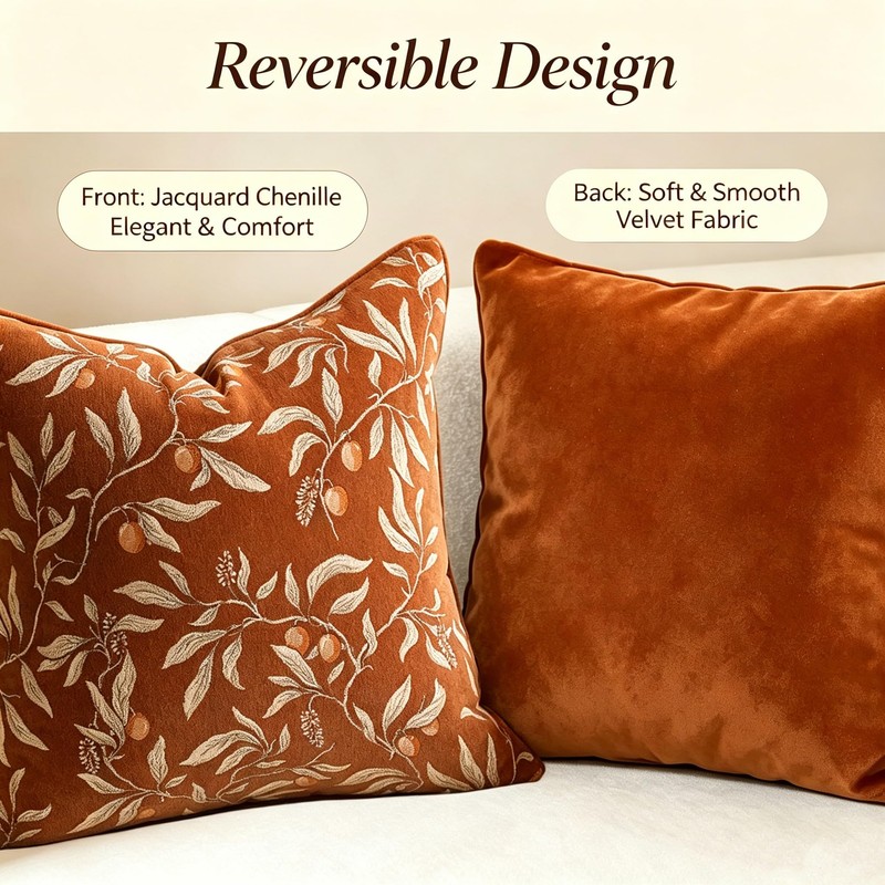 Terracotta Chenille Jacquard Botanical Fall Throw Pillow Covers 18x18 2