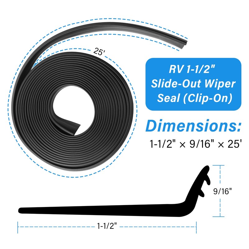 RV Slide Out Wiper Seal R854056 1-1/2" (Clip-On), 25' Weather