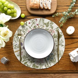 Artoid Mode Antique Herbs Wild Flowers Spring Placemats Set of 4, 14 Inch Summer Round Table Mats for Dining Decoration