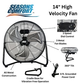 Seasons Comfort 14 Inch High Velocity Heavy Duty Fan, Black, 3 Speeds, 360 Degree Tilt, Carry Handle, 60 W - Metal Industrial Floor Fan for Home, Office & Worksite