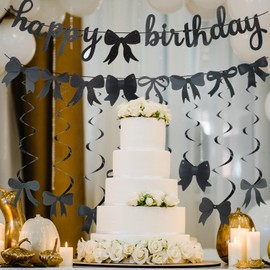 Birthday Decorations for Women Girls, Black Happy Birthday Banner, Black Bows, Garland and Hanging Swirls Girls Party Decorations，Personality Bow Party Decoration