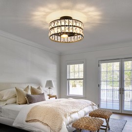 Ruibutrade Modern Semi Flush Mount Ceiling Light, Black Ceiling Light Fixtures, 11.8inch 3-Light Crystal Chandelier for Bedroom, Hallway Light Fixture Ceiling Mount for Kitchen