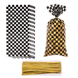 YQWIN 100Pcs Race Car Cellophane Bags Race Car Party Decorations Race Car Candy Bags Black White Checkered Bags Race Car Goodie Bags Racing Car Treat Bags Food Storage Bag for Racing Party Decorations