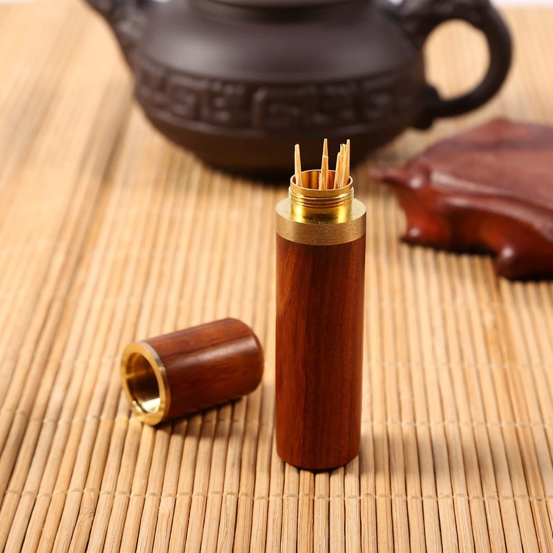 Wooden Toothpick Holder Capsule, Portable Rosewood Case with Screw Connection