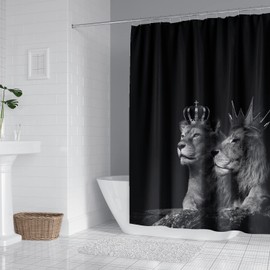RinRinfam 4Pcs Wild Animal Shower Curtain Set, Crown African Lion Couple Curtain with Non-Slip Rug,Toilet Lid Cover,U Shape Mat,Waterproof Shower Curtain with 12 Hooks Bathroom Decor Sets,Black