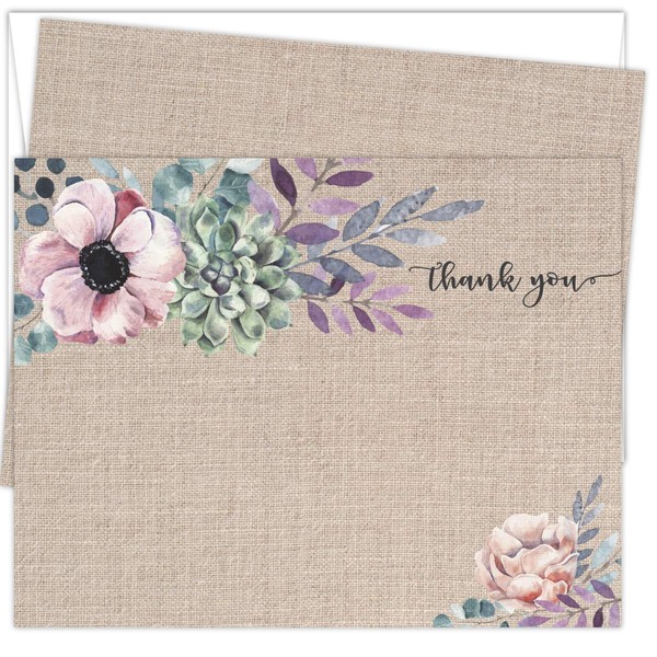 Koko Paper Co Rustic Burlap Floral Thank You Cards | 25 Flat Note Cards and Envelopes | Printed on Heavy Card Stock.