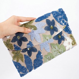 Sequin Embroidered Floral Clutch Purse Women Summer Beaded Blue Envelope Bag Wedding Evening Events Party, Green