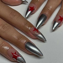 BAOYAALIN Silver Press on Nails Medium Almond Shaped French Fake Nails with Red Star Design Full Cover False Acrylic Glue Stick on Nail for Women Girls 24Pcs