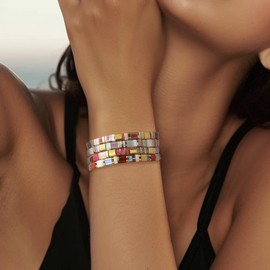 Sonateomber Tila Flat Beaded Stretch Bracelets for Women, Trendy Stackable Gold Purplish Red Glass Square Beads Stack Bracelet Beach Jewelry Gift