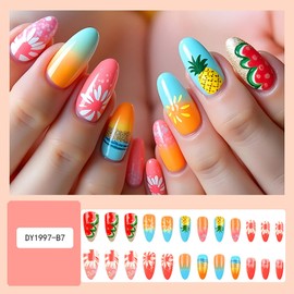 EYZOTSF Press on Almond Nails Medium Length Glossy Full Cover Acrylic French Almond Shaped False Nails with Designs Artificial Fake Nail with Charms Glue ons Fingernails for Women Girls(DY1997)