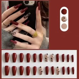 Ztcily Künstliche Nägel, lang, rot, schwarz, French Sarg, mit Kleber für Damen, Accessoire oder Geschenkidee für Weihnachten, Neujahr, Valentinstag, Hochzeit