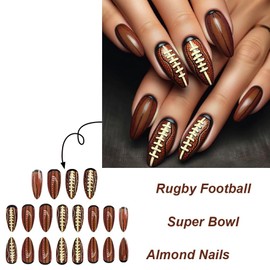 24Pcs Brown Press on Nails Medium Length Almond Fake Nails Rugby Football Acrylic Full Cover Nails Press on Stiletto False Nails Glossy Artificial Stick on Nails for Women Girls