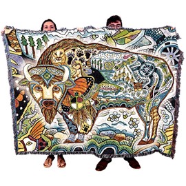 Bison - Animal Spirits Totem - Sue Coccia - Blanket Throw Woven from Cotton - Made in The USA (72x54)