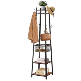 VECELO Coat Rack Freestanding,Hall Tree with Metal Basket and Storage Shelves,Industrial Coat Rack Stand with 8 Hooks for Hanging Coats/Hats/Bags/Umbrellas,18 x 18 x 72 In,Vintage Brown