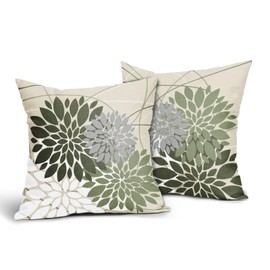 Dark Sage Green Flower Pillow Covers 18x18 Grey Gray White Dahlia Floral Spring Decorative Throw Pillows Farmhouse Outdoor Seasonal Decor for Home Sofa Bed Couch Modern Square Cushion Cases, Set of 2