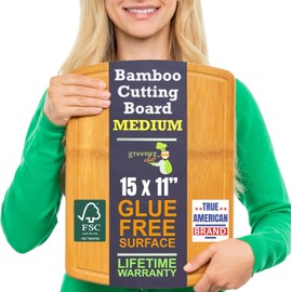 Bamboo Cutting Board – 15 Inch Wood Cutting Boards for Kitchen with Glue-Free Surface™ & Juice Groove – Non-Toxic, FSC-Certified, Durable Wooden Chopping Board