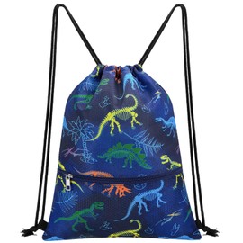 WAWSAM Dinosaur Drawstring Backpack for Kids - Gym DrawString Bag for kids Swim Bag Boys Sports Draw String Bag Waterproof Beach Sport Gym String Bags with Zipper Pocket Cinch Backpack for Boys
