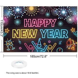 HOWAF Happy New Year Party Decoration Neon Backdrop Banner, Glow In The Dark New Year Eve Shiny Firework Banner for New Year Eve Party Supplies, Colorful Happy New Years Backdrop 2025,72.8 * 43.3 inch