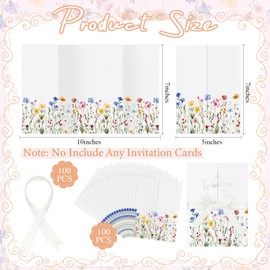 MotiMind 100 Pcs Colorful Wildflower Pre Folded Vellum Jackets for 5x7 Invitations 130GSM Transparent Envelope Liners Bulk Vellum Paper 5x7 with Ribbons Wedding Invitations Wraps for Wedding Cards